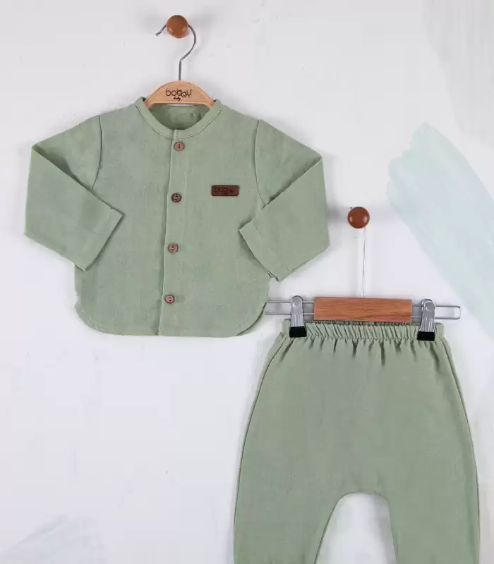Oval Kesim 5 Düğmeli Müslin Kumaş 2li Erkek Bebek Takımı