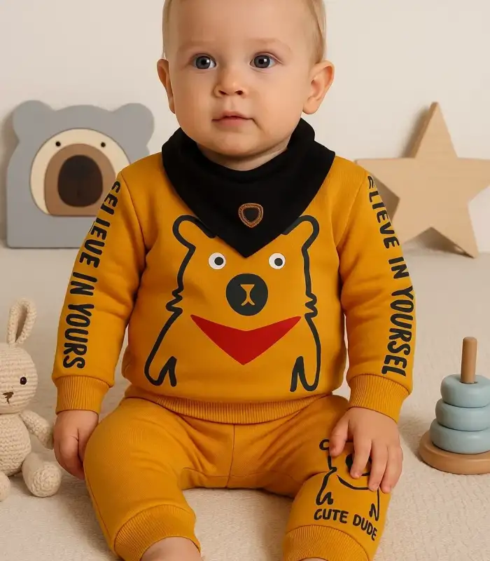 Oynar Gözlü Fularlı 3lü Erkek Bebek Takımı