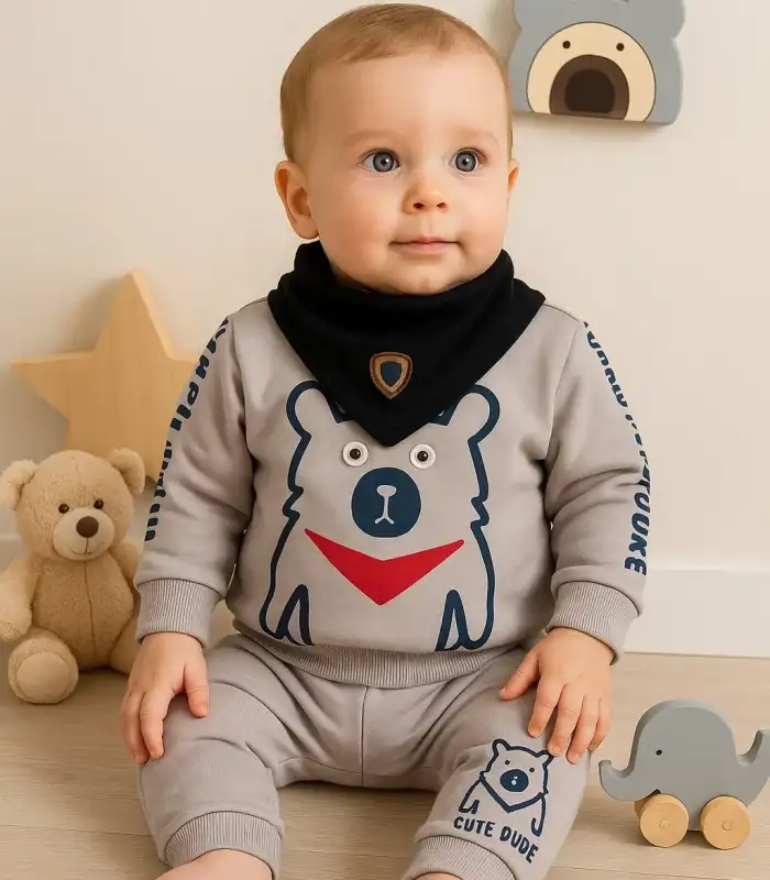 Oynar Gözlü Fularlı 3lü Erkek Bebek Takımı