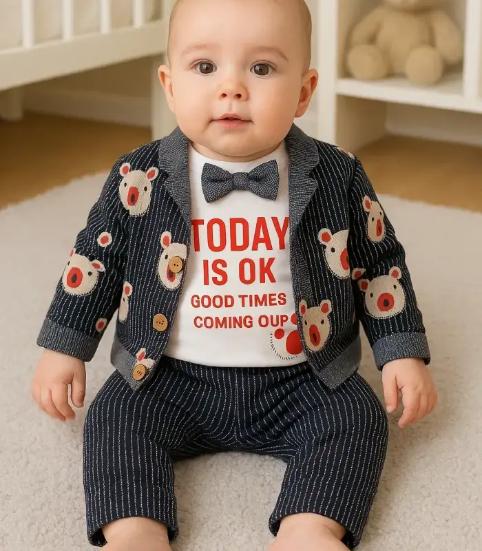 Papyonlu Bear Çizgili Model Ceketli 3lü Erkek Bebek Takımı