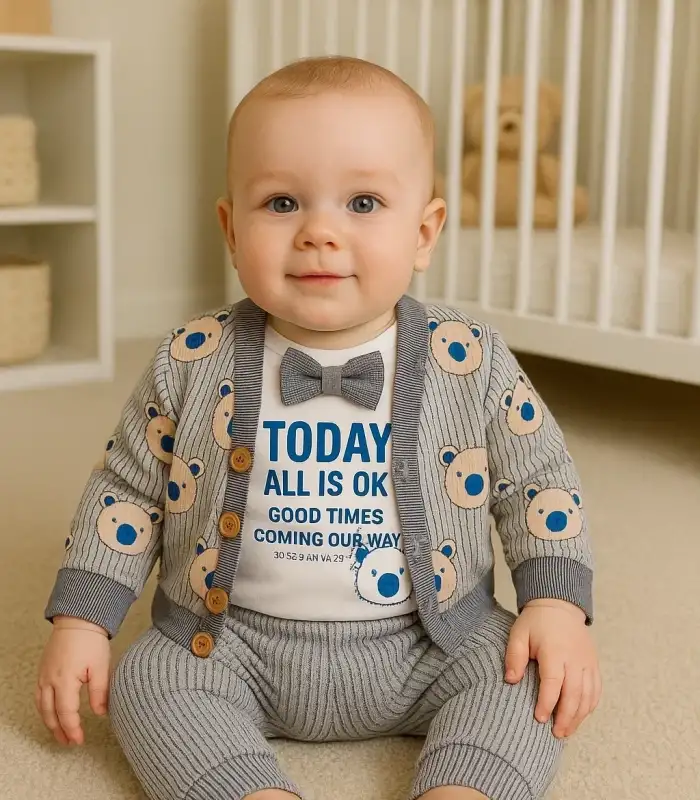 Papyonlu Bear Çizgili Model Ceketli 3lü Erkek Bebek Takımı