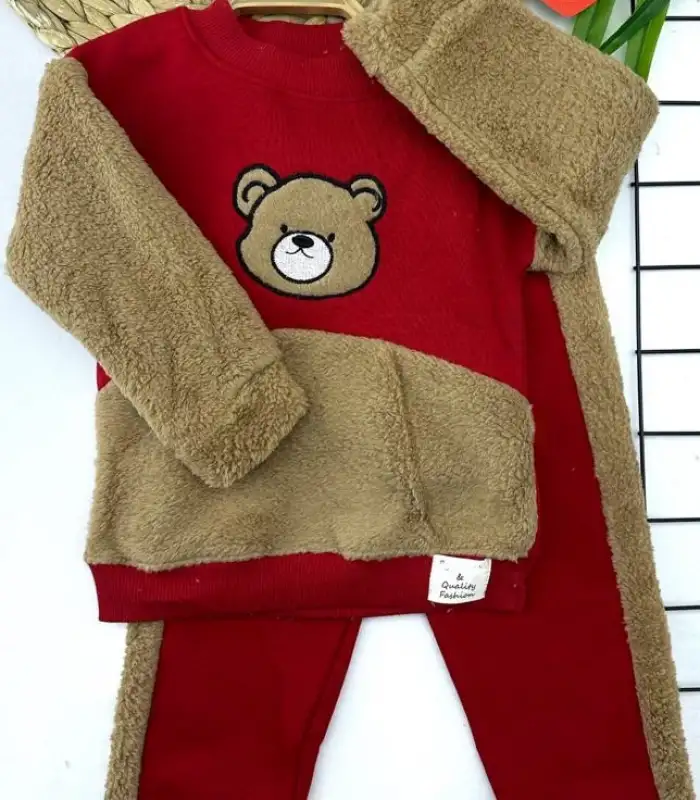 Parça Welsoftlu Ayı Nakışlı Uzun Kollu 2li Kız Erkek Çocuk Takımı Bordo