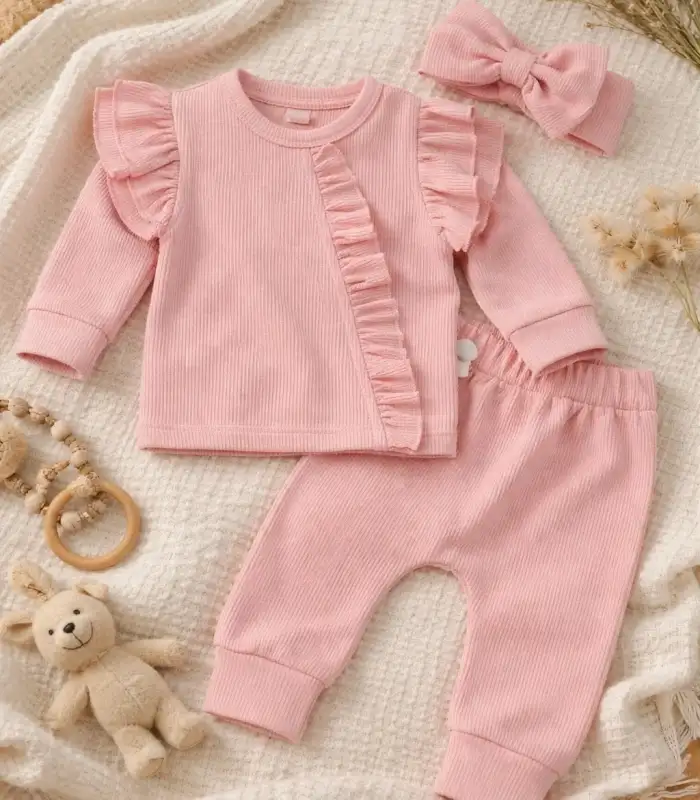 Pembe Fırfırlı 3’lü Kız Bebek Takımı