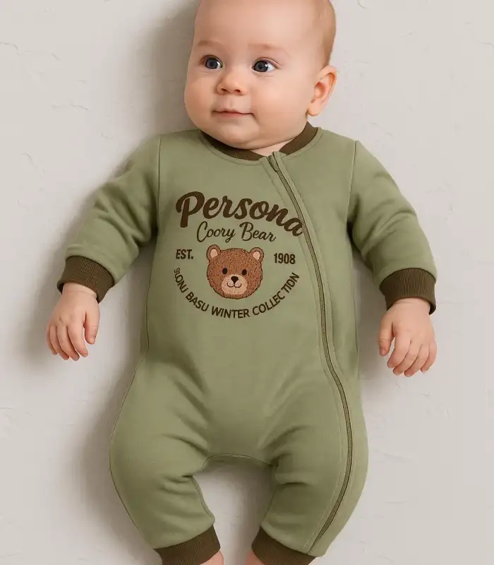 Persona Bear Nakışlı % 100 Pamuk Erkek Bebek Tulum