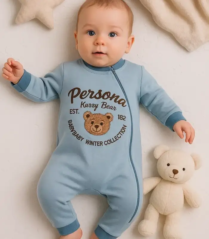 Persona Bear Nakışlı % 100 Pamuk Erkek Bebek Tulum