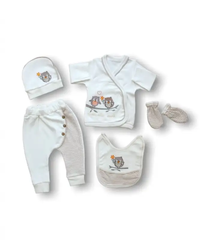 Romantik Çift Baykuş Nakışlı  5li Zıbın Takımı Hastane Çıkışı Ekru