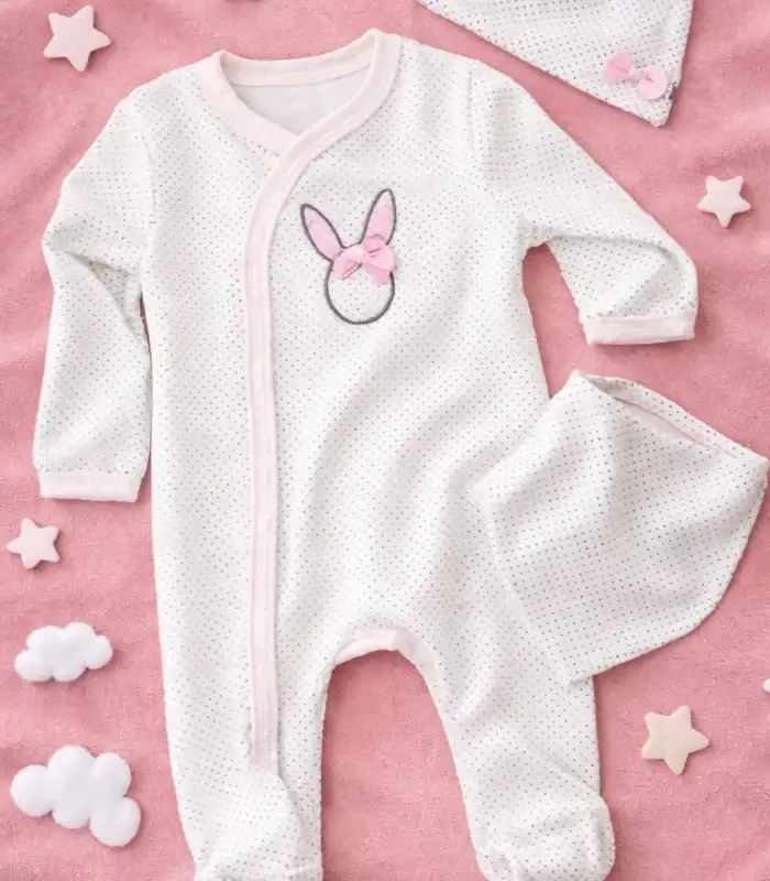 Sevimli Tavşan Desenli Kız Bebek 4’lü Tulum Seti
