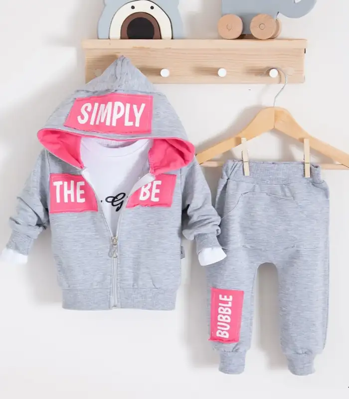 Simply Desenli Kapişonlu 3lü Kız Bebek Takımı