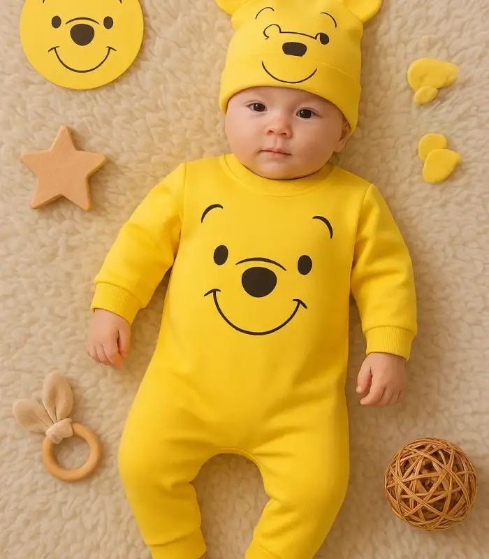 The Bear Desenli % 100 Pamuk Şapkalı Tulum