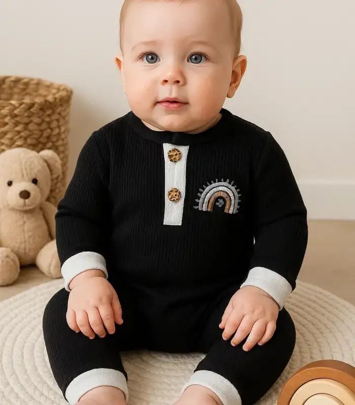 Waffle Gökkuşağı Nakışlı Erkek Bebek Tulumu