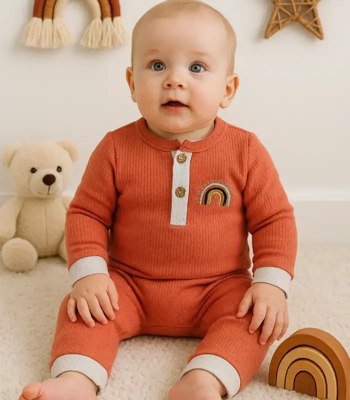 Waffle Gökkuşağı Nakışlı Erkek Bebek Tulumu