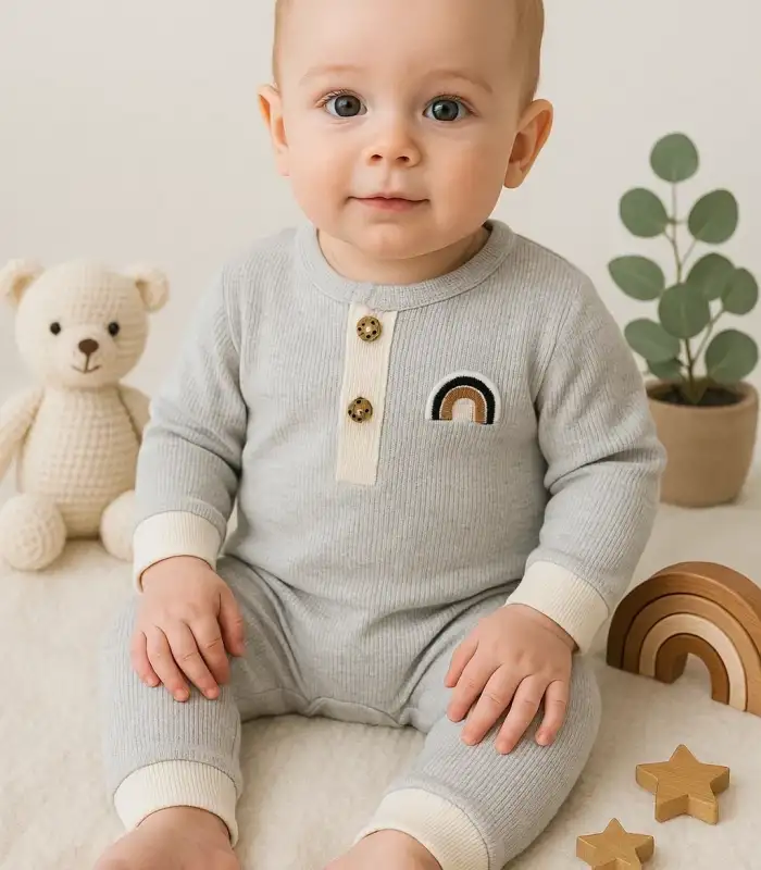 Waffle Gökkuşağı Nakışlı Erkek Bebek Tulumu