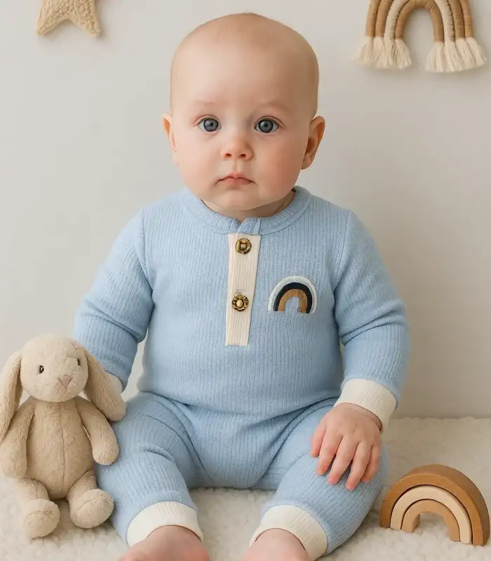 Waffle Gökkuşağı Nakışlı Erkek Bebek Tulumu