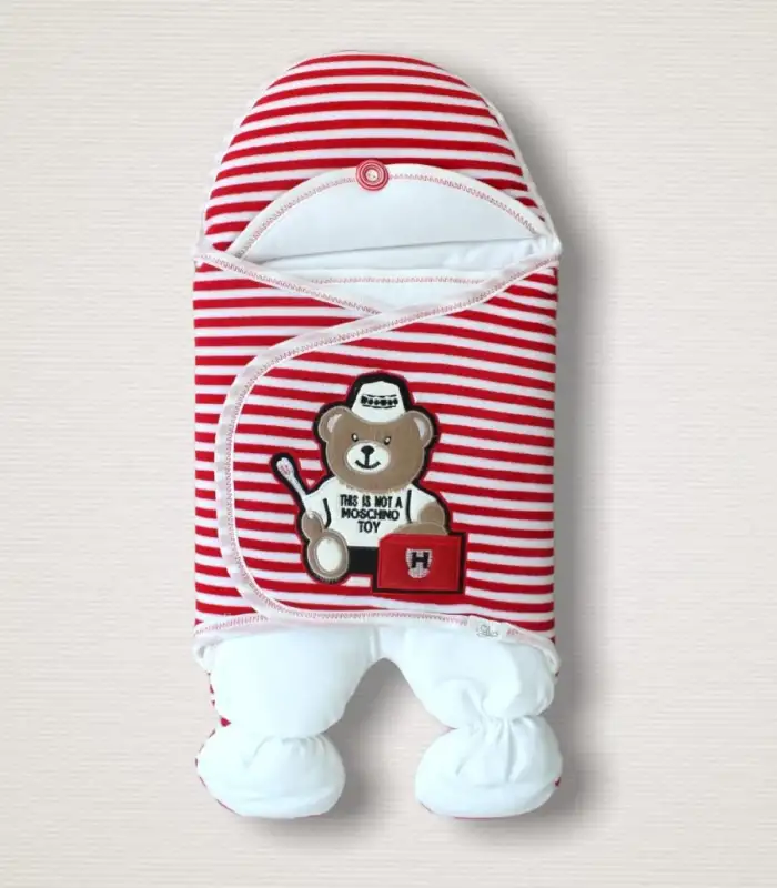 Yenidoğan Dr. Ayıcık Nakışlı Kız-erkek Bebek Ayaklı Kundak Bebek Battaniyesi Kırmızı