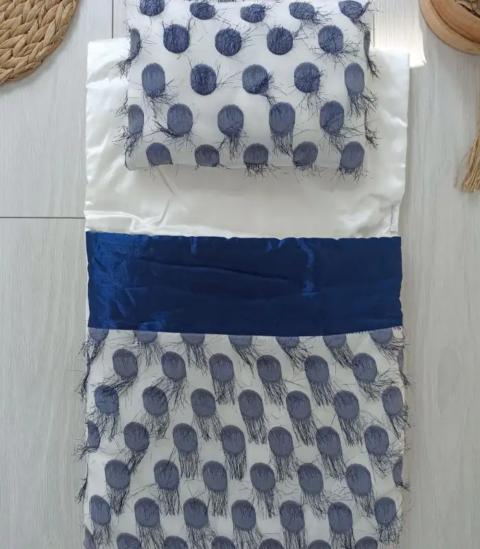 Yenidoğan İzmir İncisi Tül İşlemeli Pamuklu Fiyonklu Kundaklı Lüks 3lü Alt Açma Seti Lacivert