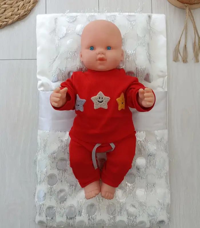 Yenidoğan İzmir İncisi Tül İşlemeli Pamuklu Fiyonklu Kundaklı Lüks 3lü Alt Açma Seti Gümüş