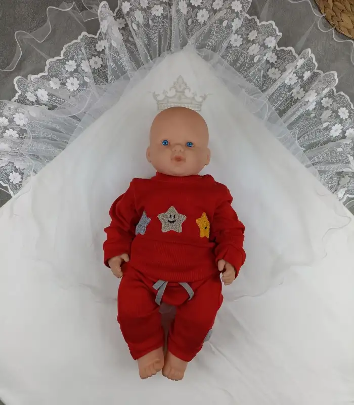 Yenidoğan Kumru Soft Cotton Taç Nakışlı Trilüks Kundak Bebek Battaniyesi Ekru