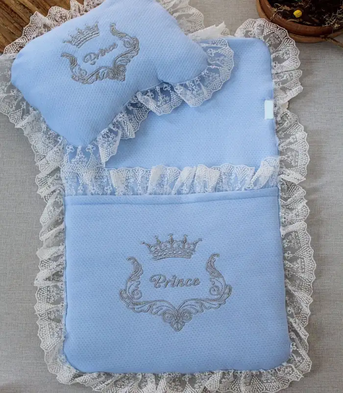 Yenidoğan Sahra Taç Nakışlı Trilüks 2li Alt Açma Seti Mavi