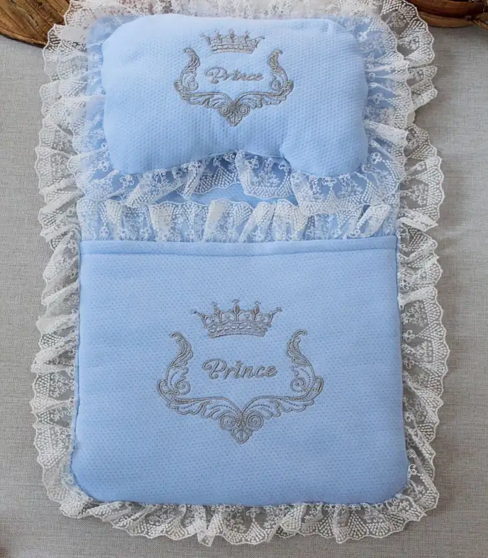 Yenidoğan Sahra Taç Nakışlı Trilüks 2li Alt Açma Seti Mavi