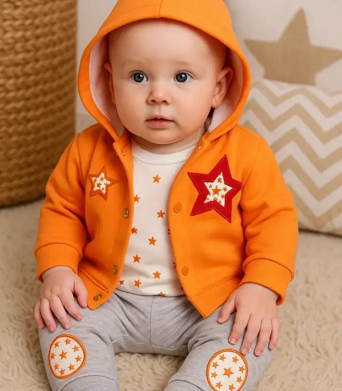 Yıldız Nakışlı Kapişonlu Kız Bebek Takımı