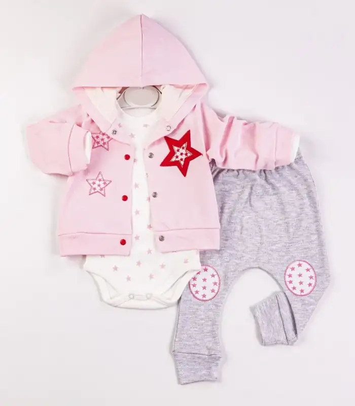 Yıldız Nakışlı Kapişonlu Kız Bebek Takımı