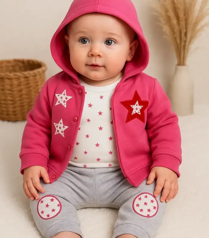 Yıldız Nakışlı Kapişonlu Kız Bebek Takımı