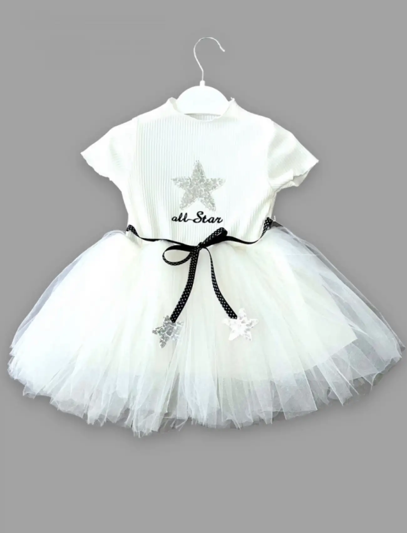 1-2-3 Yaş All Star Payetli Yıldız Nakışlı Astarlı Kız Bebek Elbisesi Beyaz