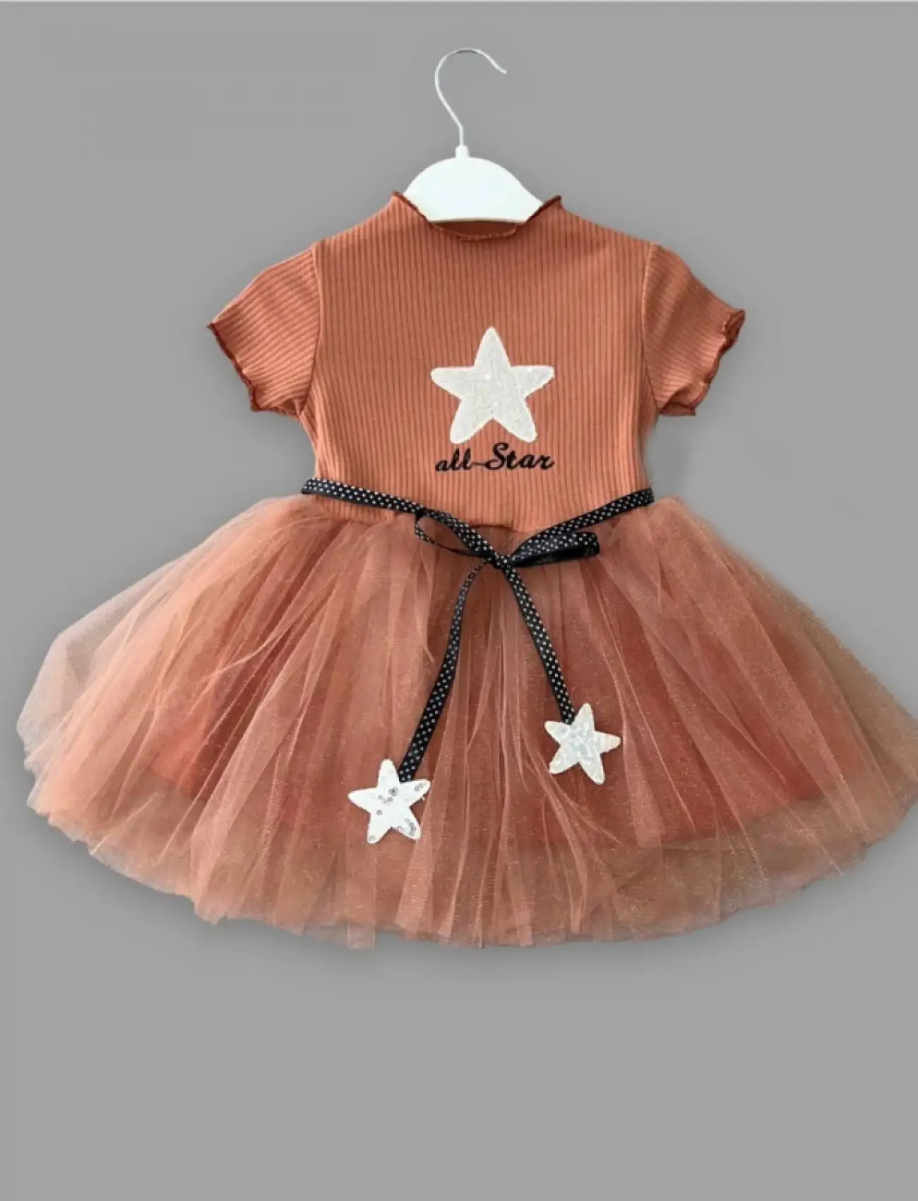 1-2-3 Yaş All Star Payetli Yıldız Nakışlı Astarlı Kız Bebek Elbisesi Kahverengi