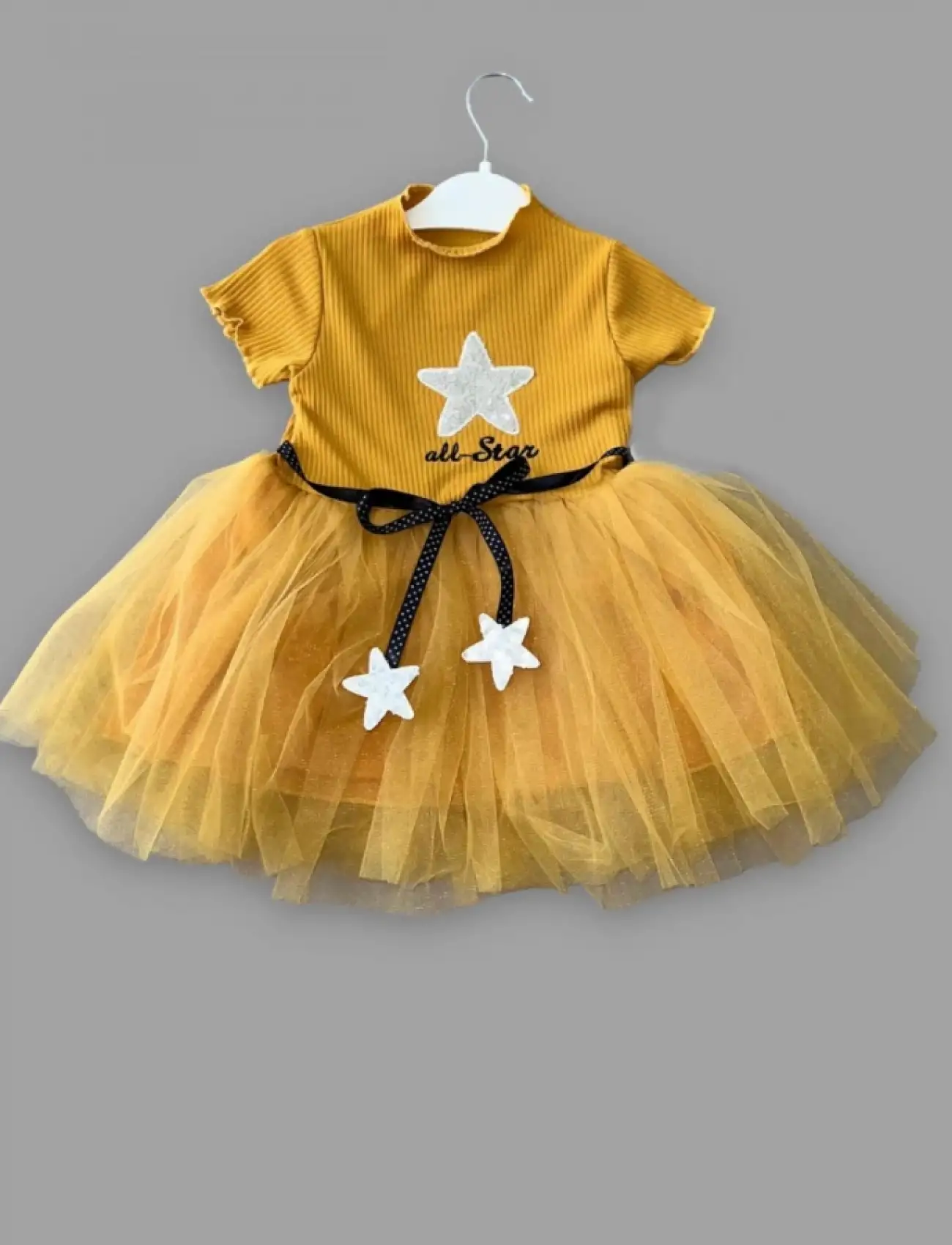 1-2-3 Yaş All Star Payetli Yıldız Nakışlı Astarlı Kız Bebek Elbisesi Hardal