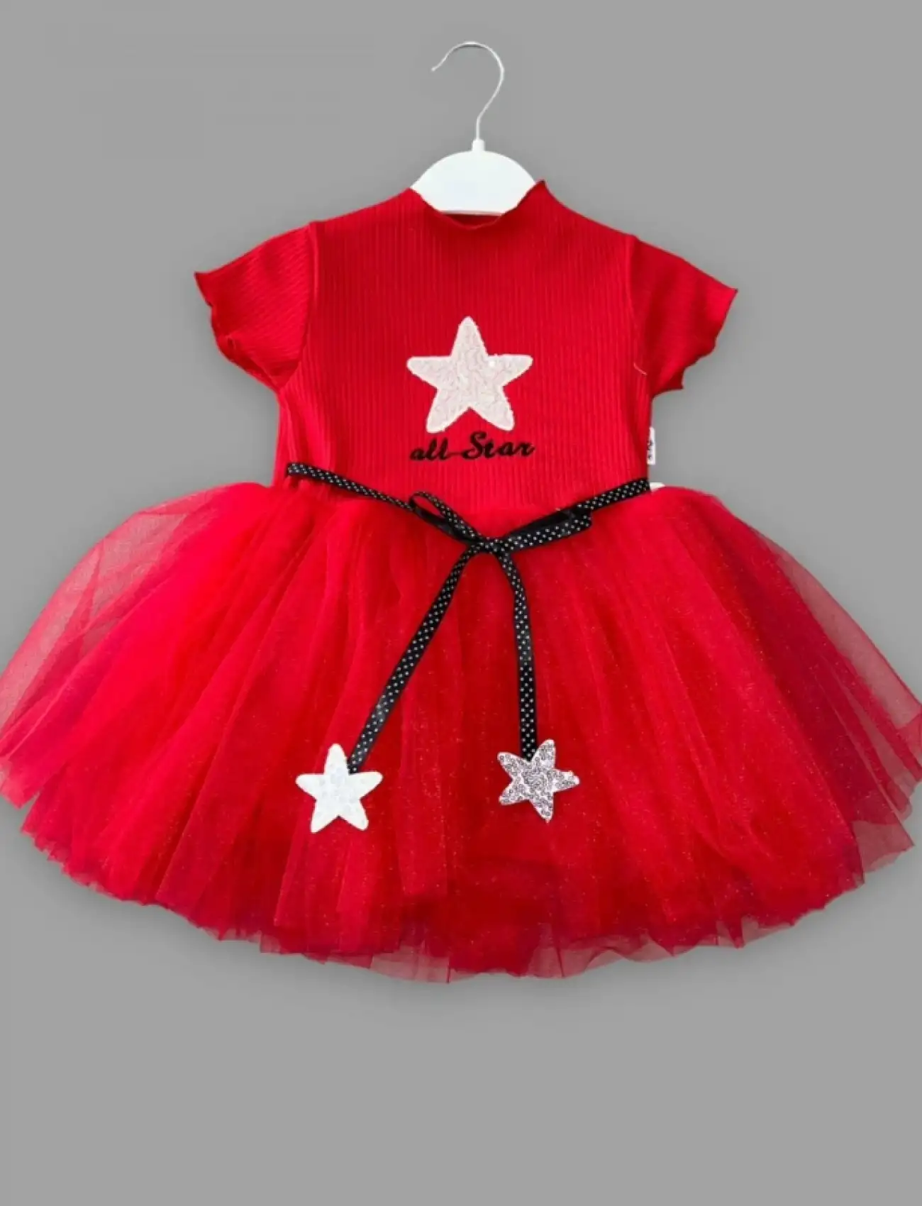 1-2-3 Yaş All Star Payetli Yıldız Nakışlı Astarlı Kız Bebek Elbisesi Kırmızı
