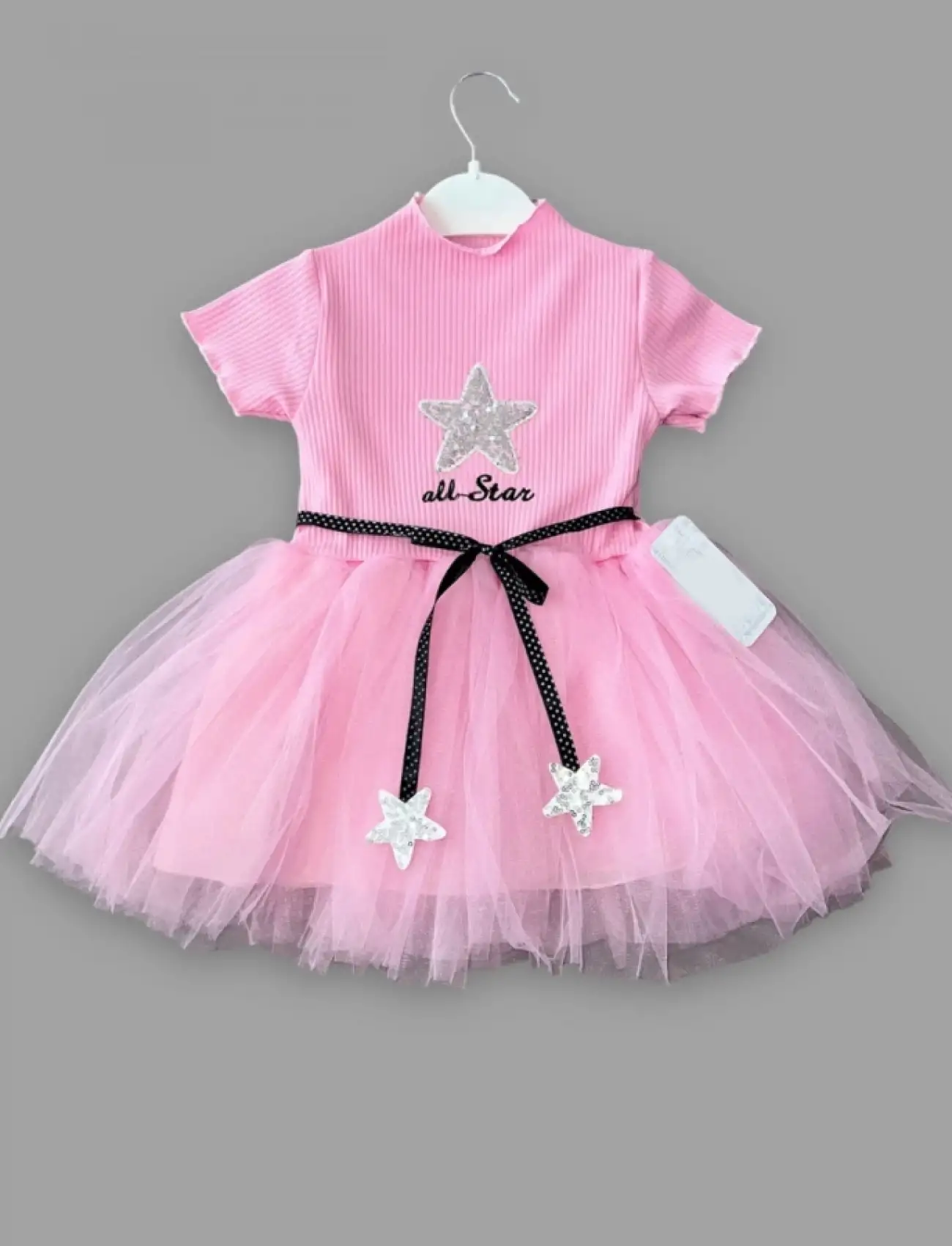 1-2-3 Yaş All Star Payetli Yıldız Nakışlı Astarlı Kız Bebek Elbisesi Pembe
