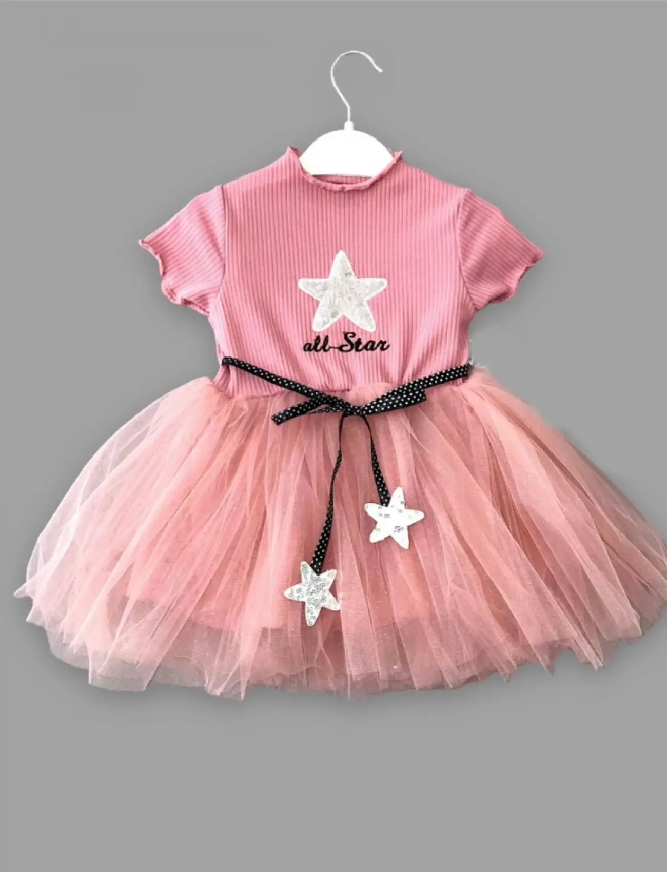 1-2-3 Yaş All Star Payetli Yıldız Nakışlı Astarlı Kız Bebek Elbisesi Gül Kurusu