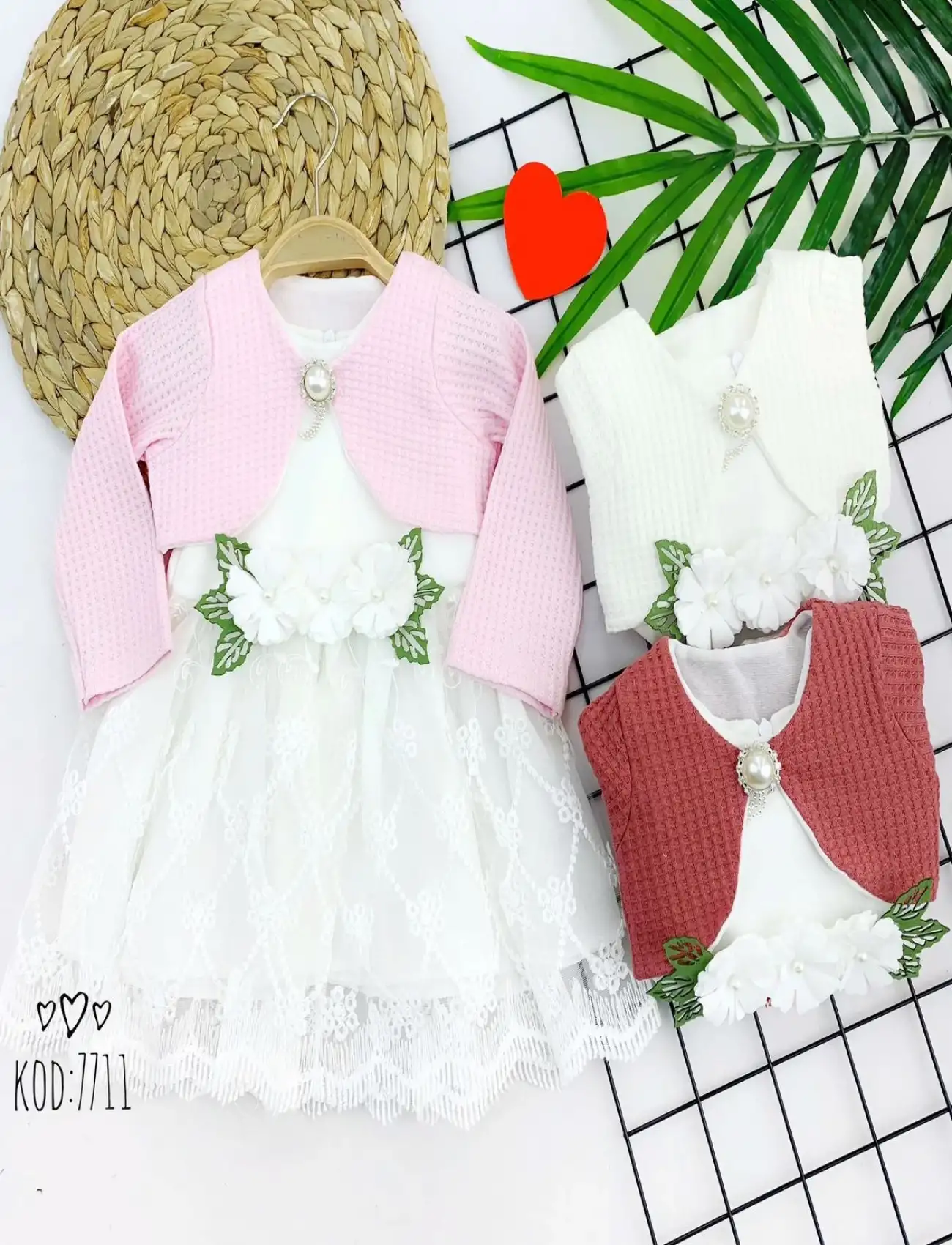 1-2-3 Yaş Bolerolu Çiçekli Tül Etekli 2li Kız Çocuk Elbisesi Kahverengi