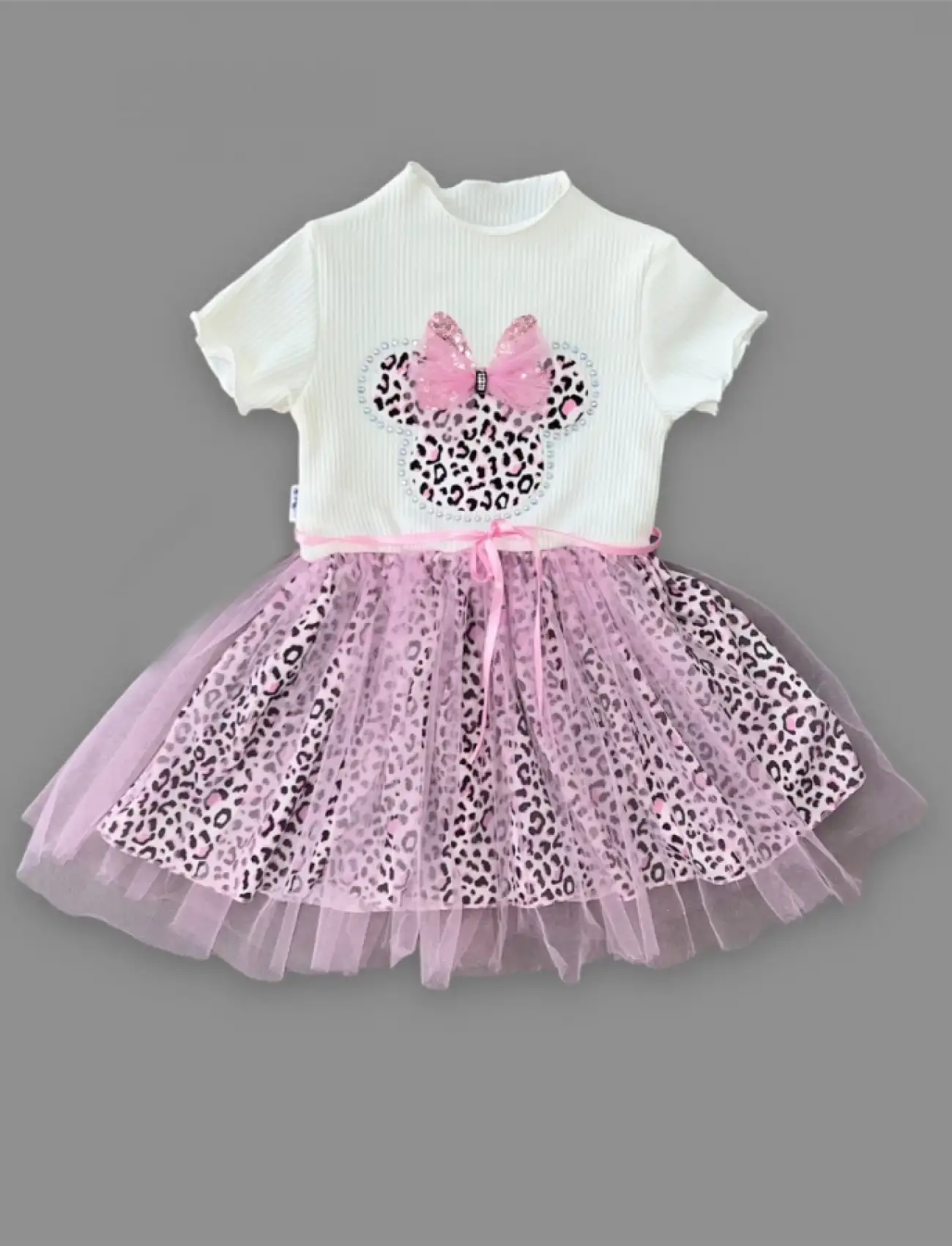 1-2-3 Yaş Fiyonklu Mickey Astarlı Etekli Kız Bebek Tütü Elbisesi Pembe-Ekru