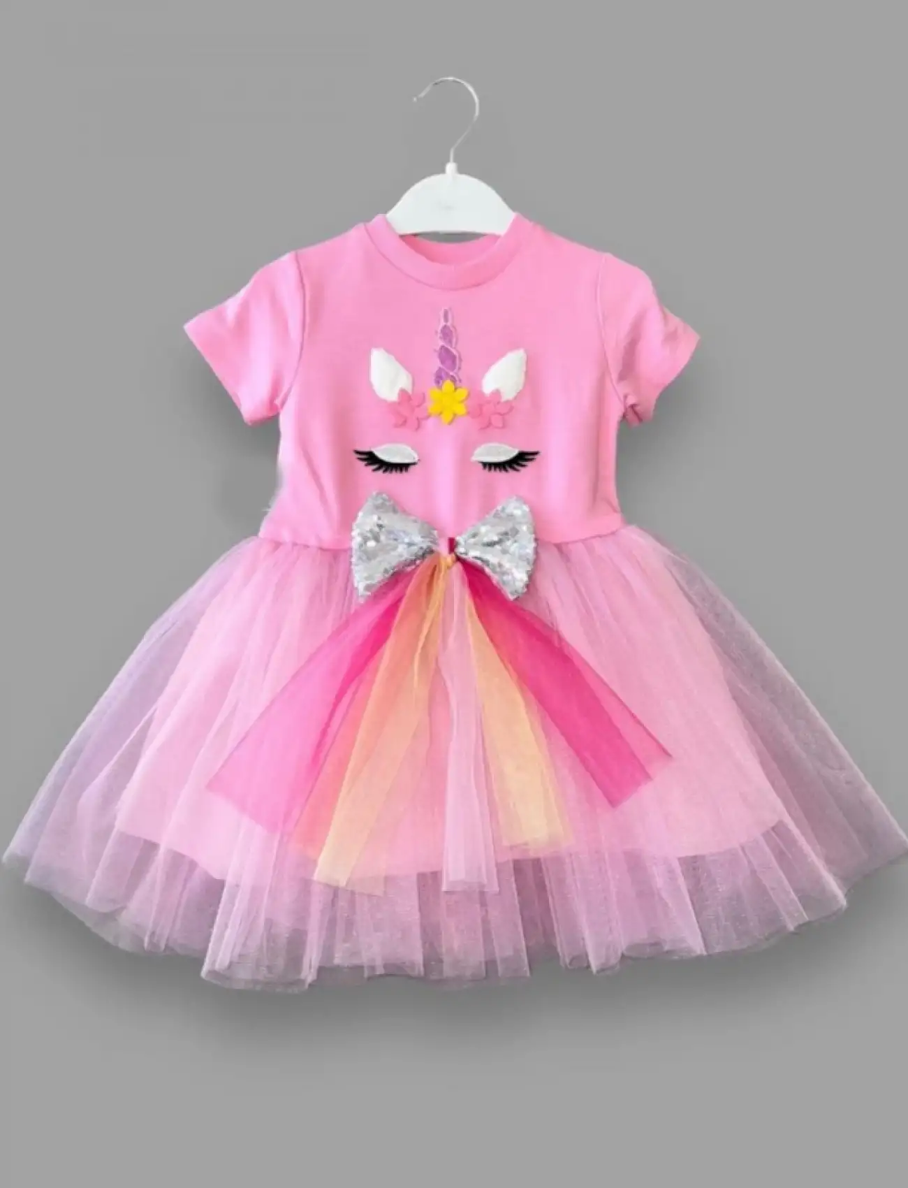 1-2-3 Yaş Gökkuşağı Kuyruklu Payet Pony Nakışlı Kız Bebek Tütü Elbisesi Pembe