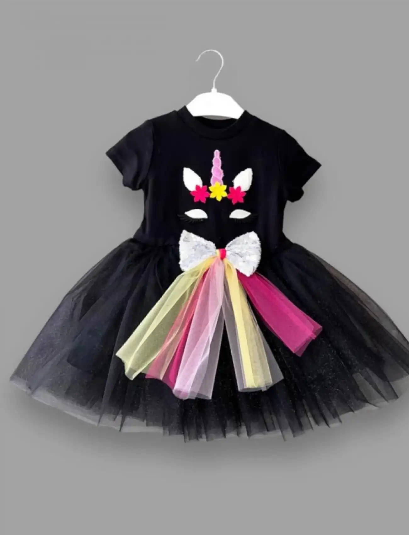 1-2-3 Yaş Gökkuşağı Kuyruklu Payet Pony Nakışlı Kız Bebek Tütü Elbisesi Siyah