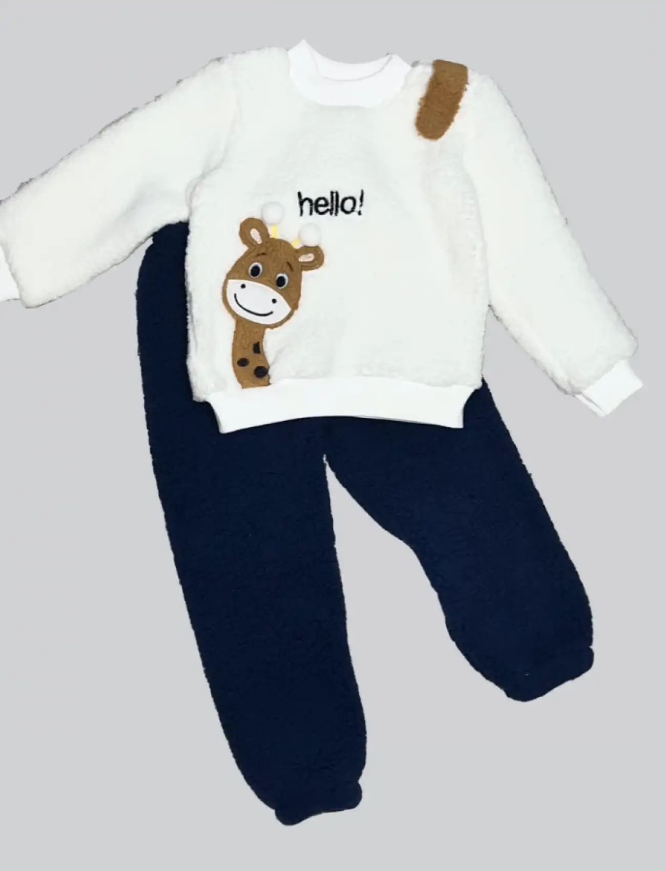 1-2-3 Yaş Hello Zürafa Nakışlı Kuzu Kumaş Sweat Pantolon Uzun Kollu Kız Erkek 2 Li Takımı Lacivert