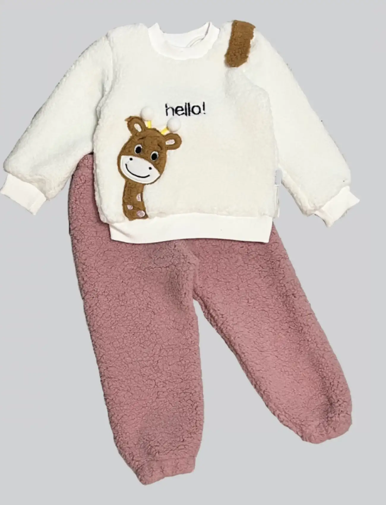 1-2-3 Yaş Hello Zürafa Nakışlı Kuzu Kumaş Sweat Pantolon Uzun Kollu Kız Erkek 2 Li Takımı Gül Kurusu