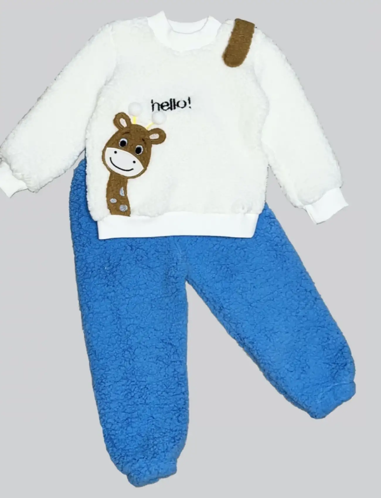 1-2-3 Yaş Hello Zürafa Nakışlı Kuzu Kumaş Sweat Pantolon Uzun Kollu Kız Erkek 2 Li Takımı Saks Mavisi