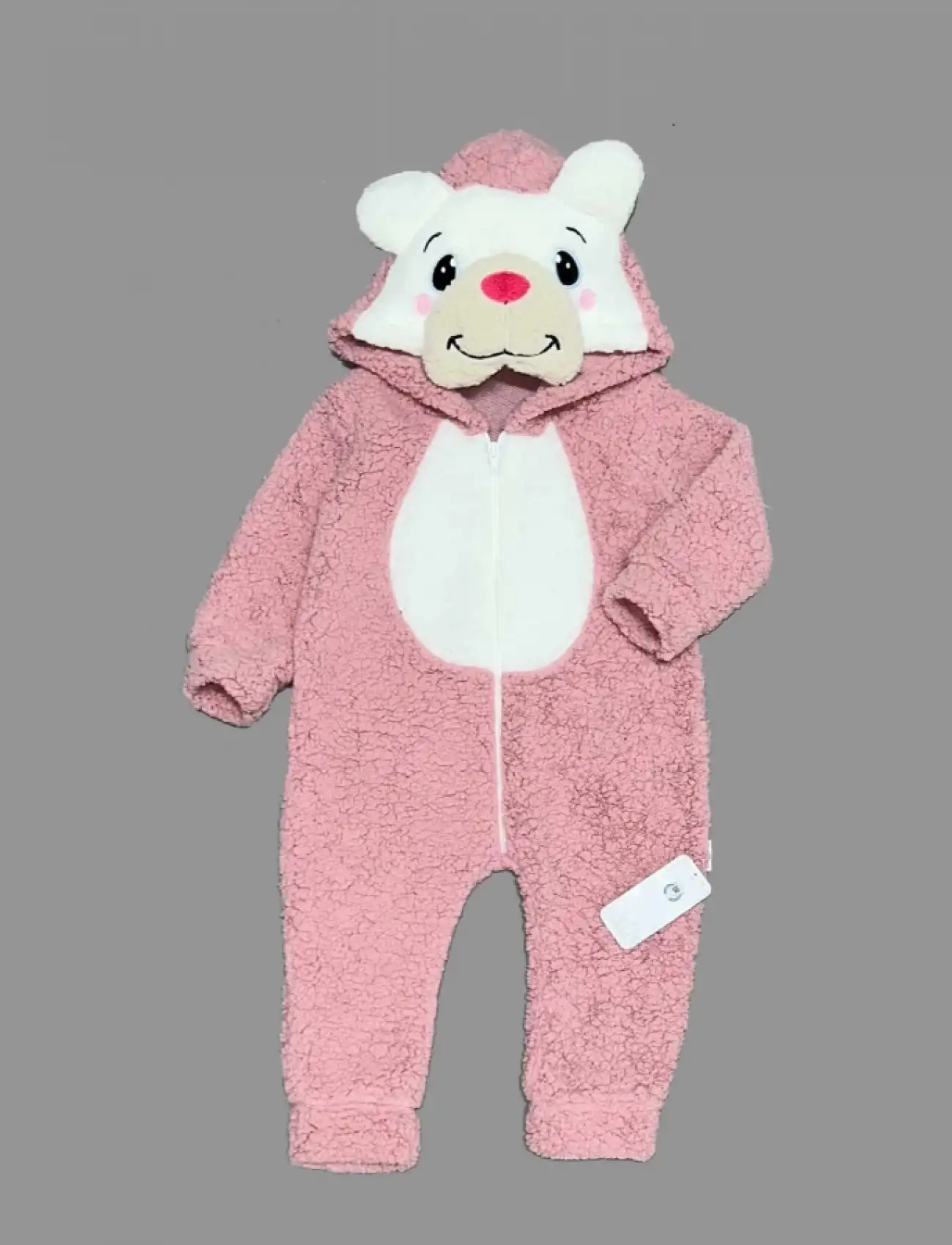 1-2-3 Yaş Kuzu Kumaş Ponpon Burun Ayıcık Nakışlı Uzun Kollu Kız Erkek Bebek Tulumu Gül Kurusu