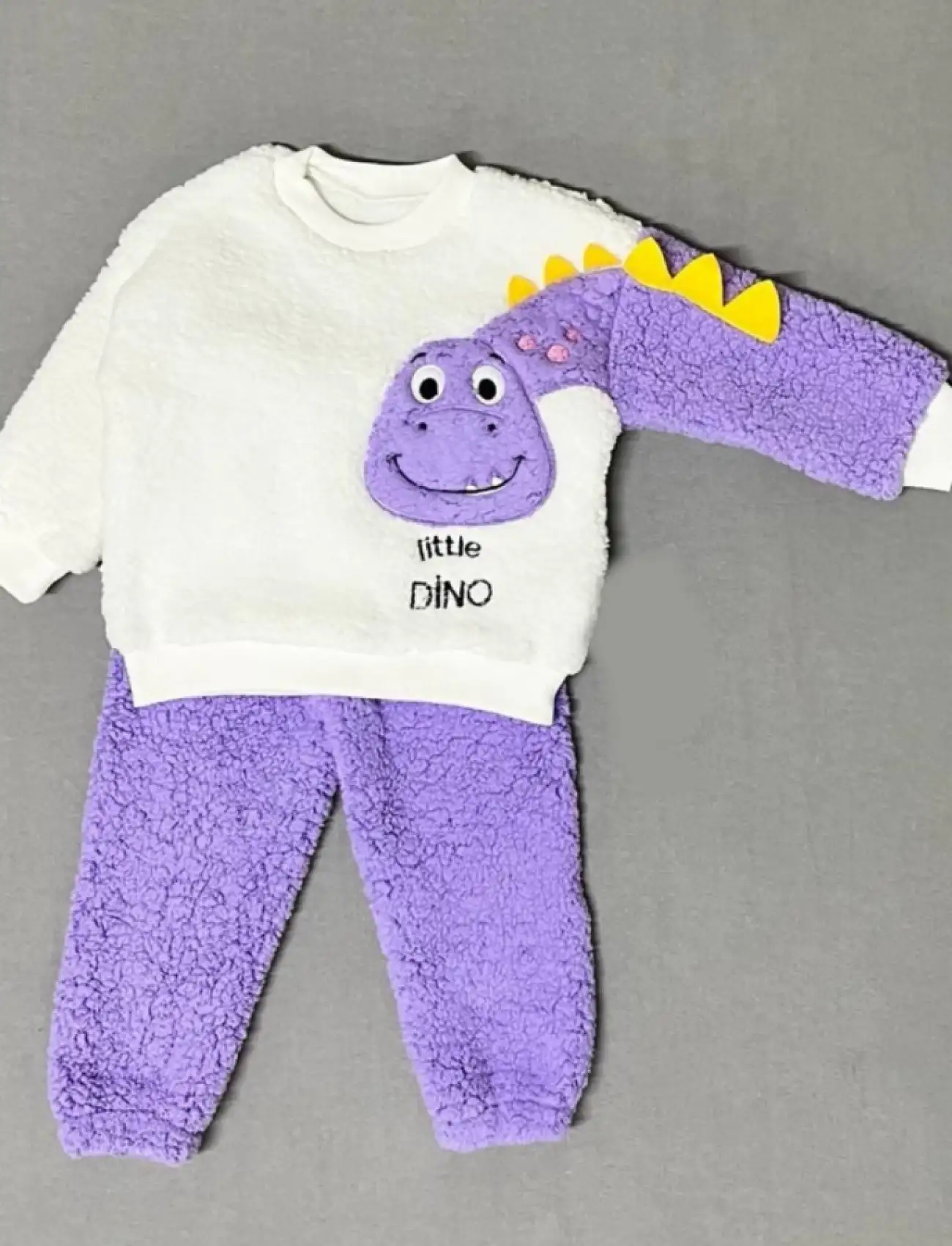 1-2-3 Yaş Minik Dino Kollu Kuzu Kumaş Sweat Pantolon Uzun Kollu Kız Erkek 2 Li Takımı Lila