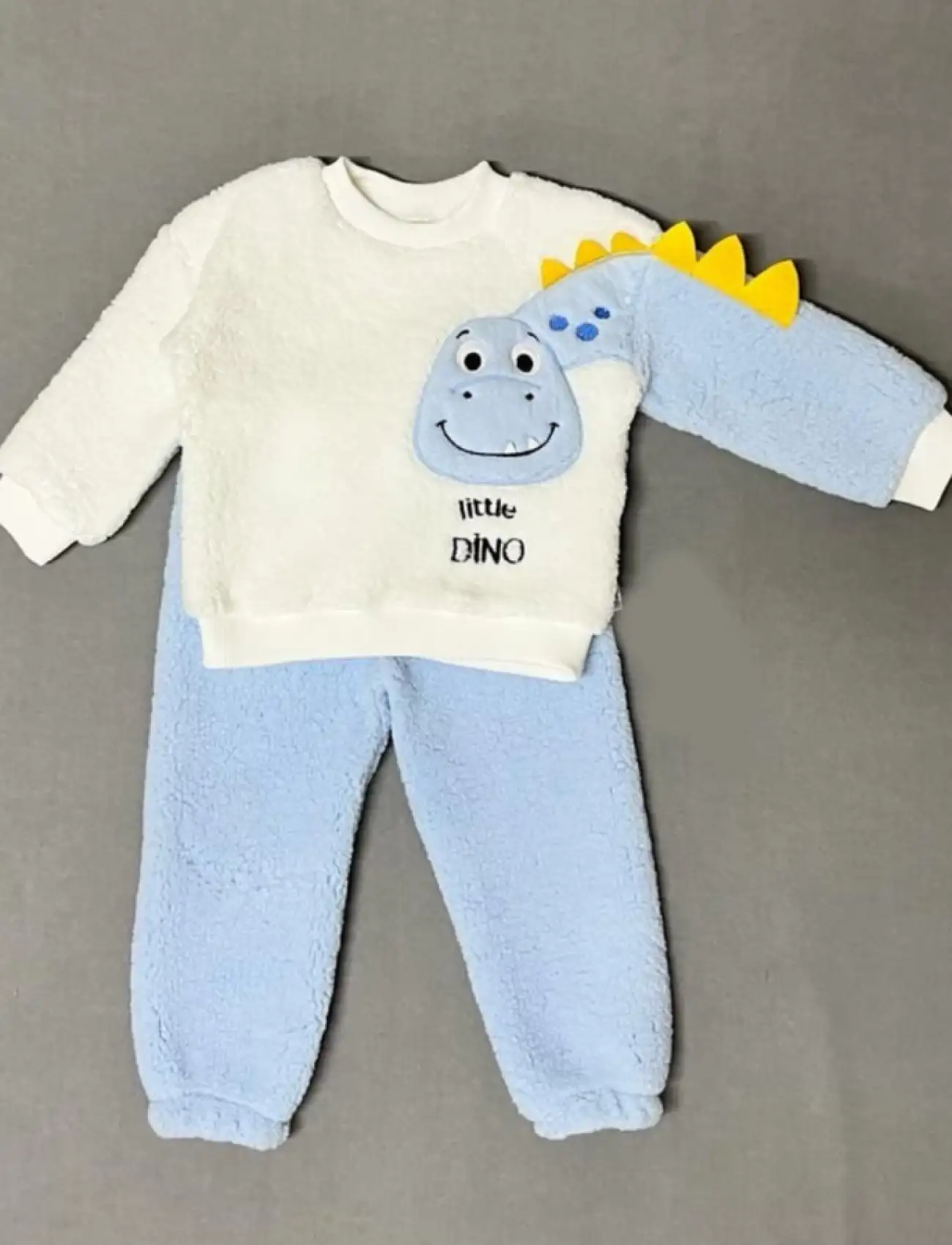 1-2-3 Yaş Minik Dino Kollu Kuzu Kumaş Sweat Pantolon Uzun Kollu Kız Erkek 2 Li Takımı Mavi