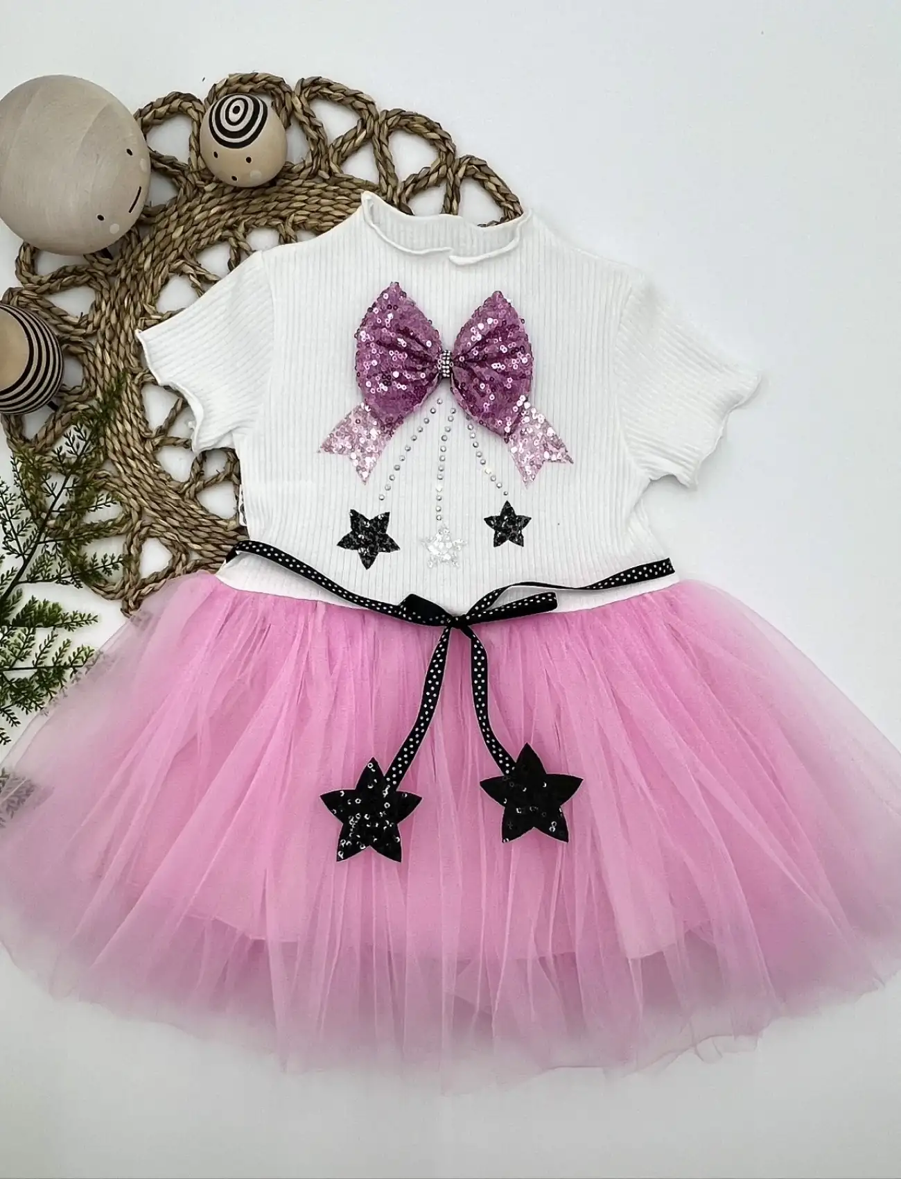 1-2-3 Yaş Payetli Yıldız Nakışlı Astarlı Etek Kız Bebek Tütü Elbisesi Beyaz