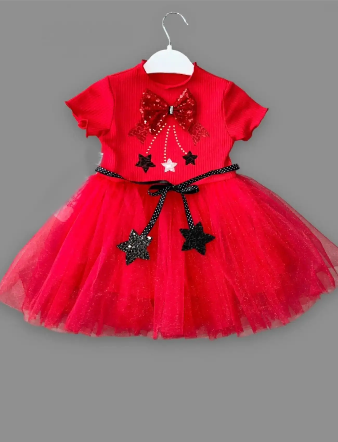 1-2-3 Yaş Payetli Yıldız Nakışlı Astarlı Etek Kız Bebek Tütü Elbisesi Kırmızı