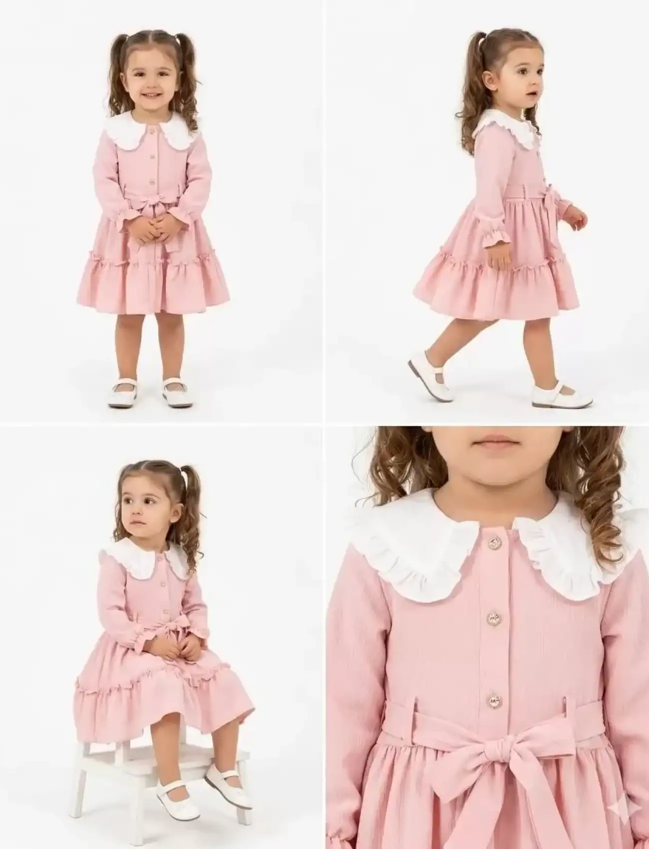 1/5 Yaş Düğme Detaylı Bebe Yaka Çocuk Elbisesi