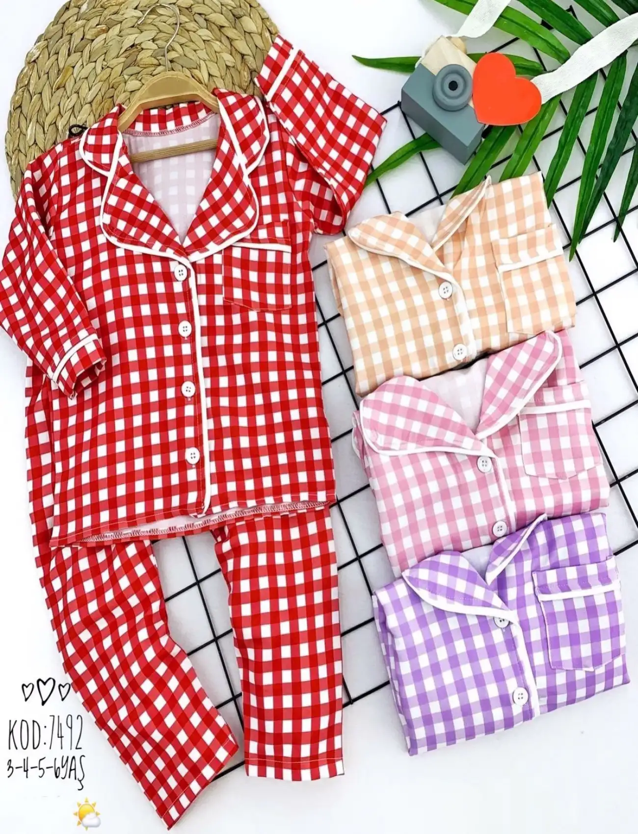 2-3-4-5 Yaş Düğme Kapamalı Piti Ekose Desenli 2li Kız Erkek Çocuk Pijama Takımı Pembe