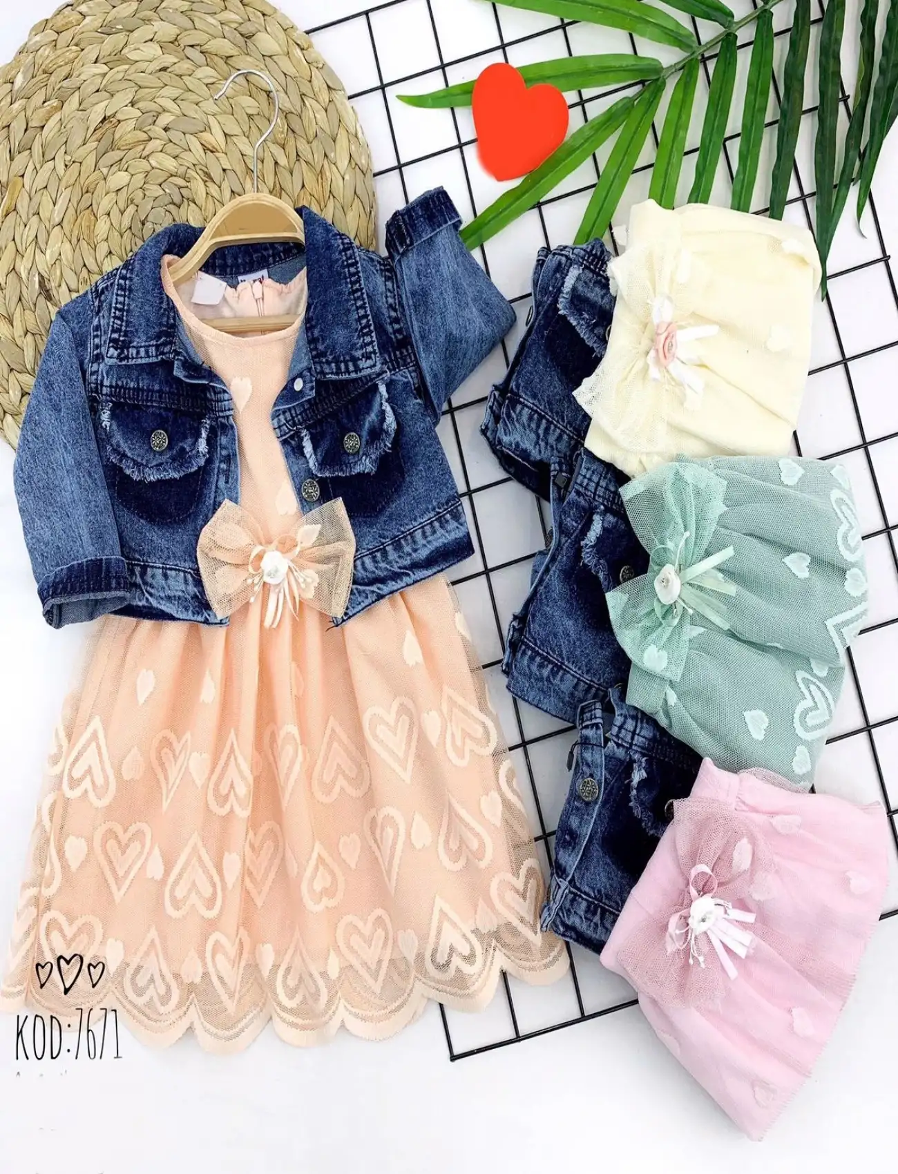 2-3-4-5 Yaş Kot Ceketli Fiyonklu Astarlı 2li Kız Çocuk Elbisesi Somon