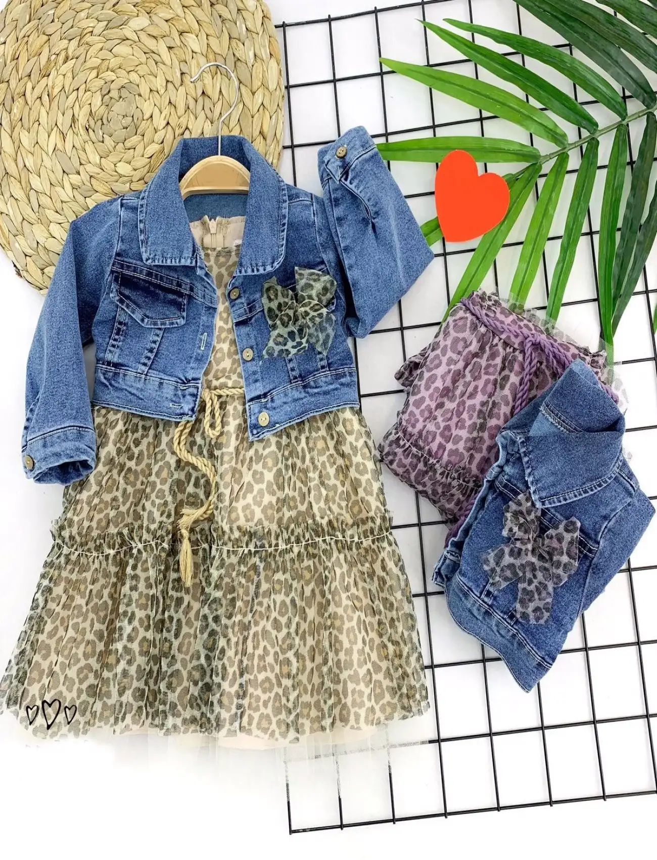 2-3-4-5 Yaş Kot Ceketli Leopar Desenli Astarlı 2li Kız Çocuk Elbisesi Mor