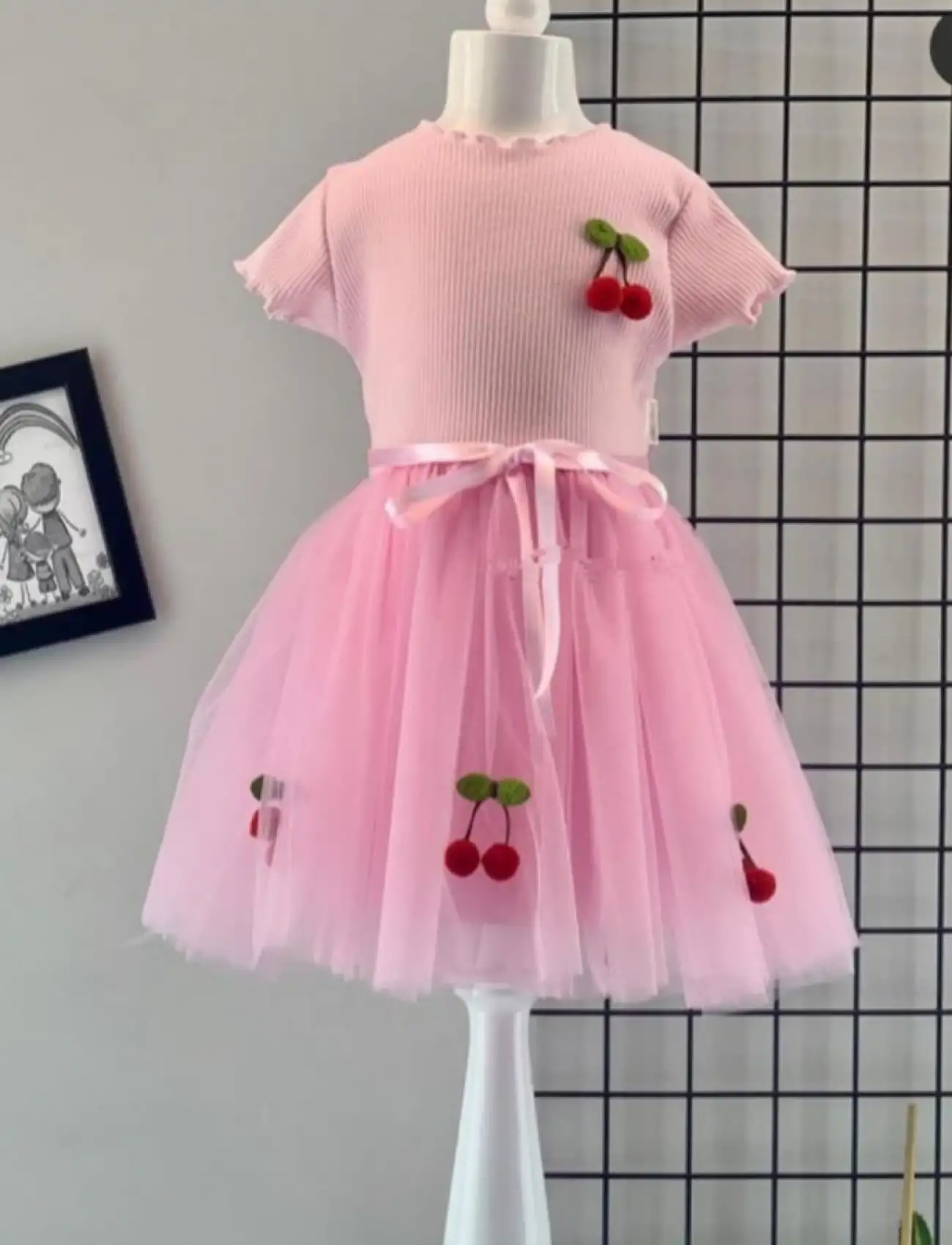 2-3-4 Yaş Kiraz Figürlü Kurdela Kuşaklı Astarlı Kısa Kollu Kız Çocuk Tütü Elbise Pembe