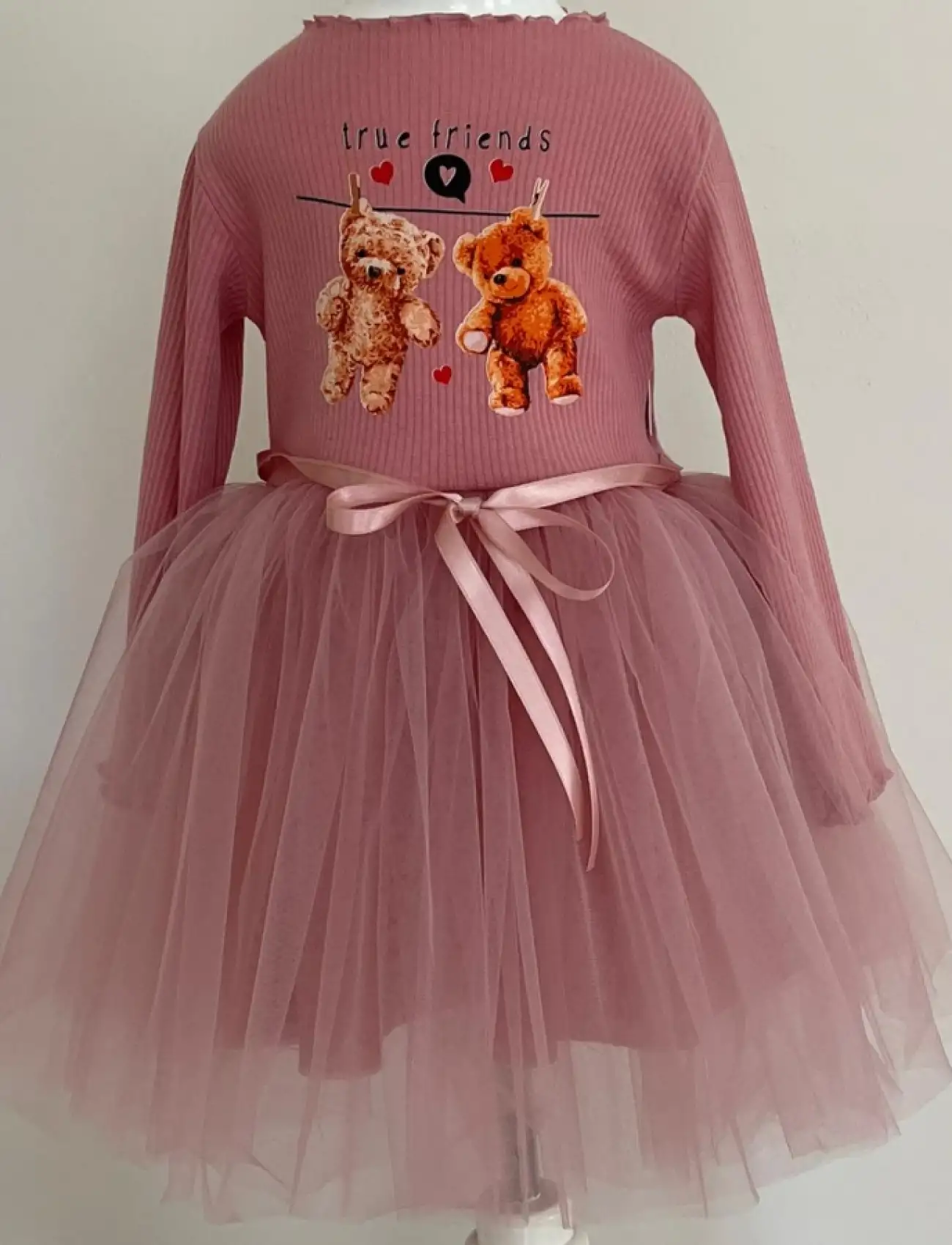 2-3-4 Yaş Şirin Ayılar Desenli Kurdela Kuşaklı Astarlı Uzun Kollu Kız Çocuk Tütü Elbise Gül Kurusu